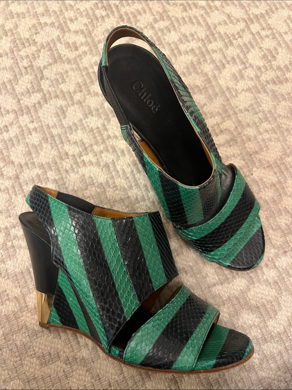 Chloe Green and Black Striped Leather Wedge Sandals